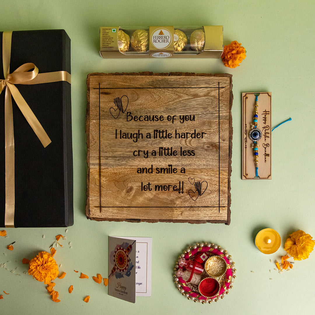 Copy Of Because Of You I Laugh A Little More Wooden Plaque Personalized Wedding Gift - Flat Lay with Plaque and Accessories