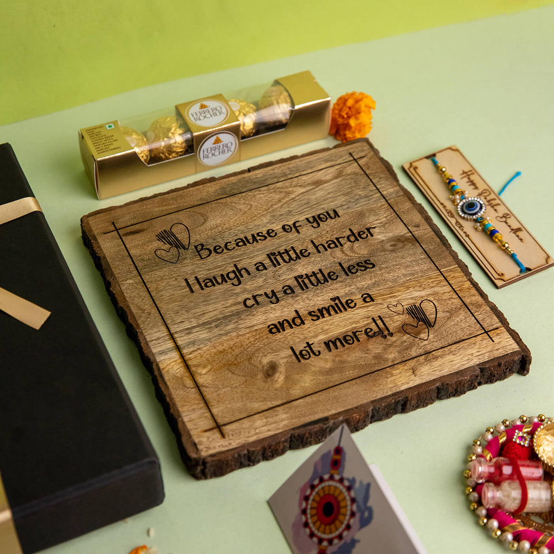 Copy Of Because Of You I Laugh A Little More Wooden Plaque Personalized Wedding Gift - Wood Plaque Close-up with Accessories