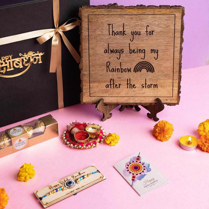 Wooden Plaque Rakhi Hamper For Brothers