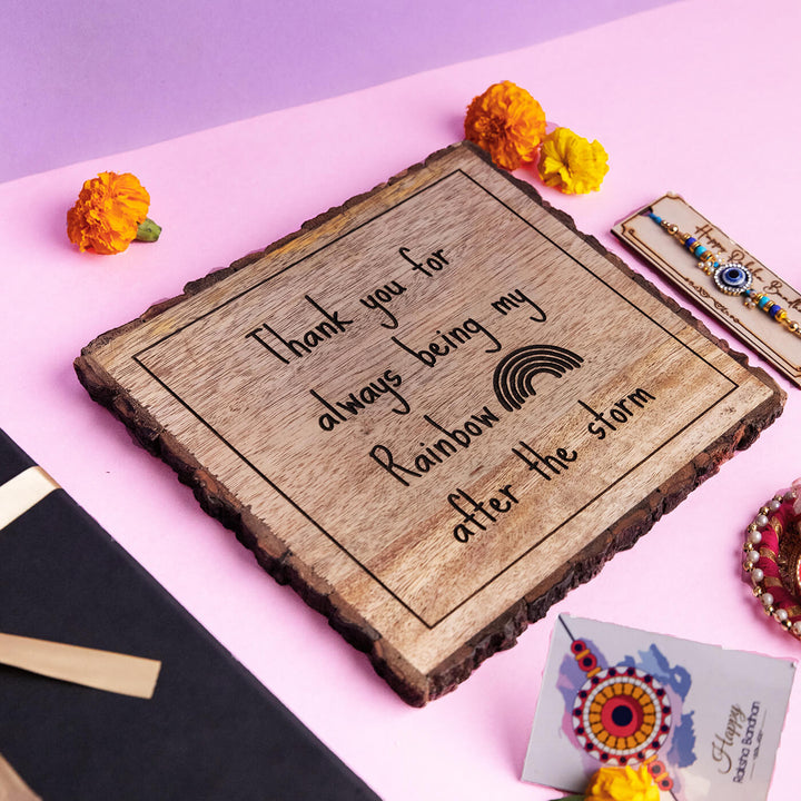 Wooden Plaque Rakhi Hamper For Brothers