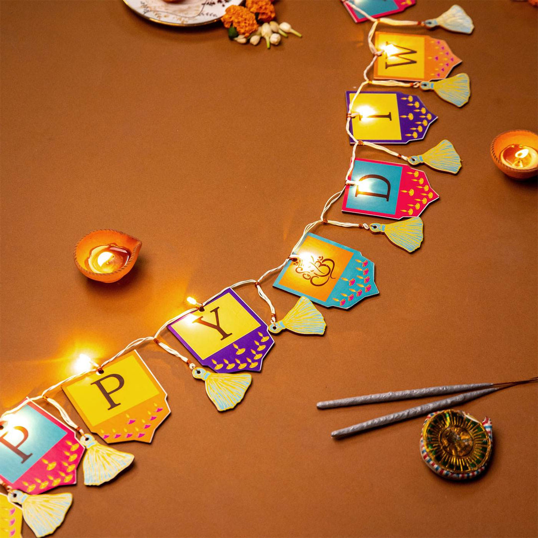 Festive Happy Diwali Printed Birch Wood Toran with Lights