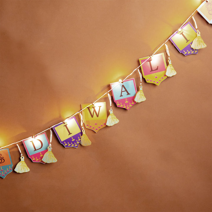 Festive Happy Diwali Printed Birch Wood Toran with Lights