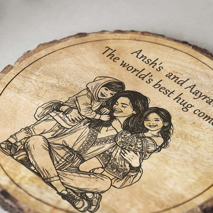 Personalized Hand Carved Engraved Mom And Children Hugging Wooden Decorative Plaque