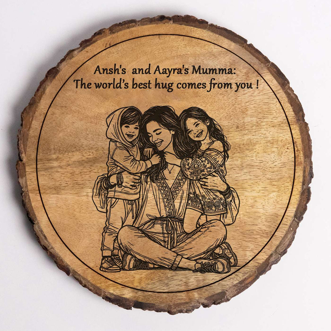 Personalized Hand Carved Engraved Mom And Children Hugging Wooden Decorative Plaque