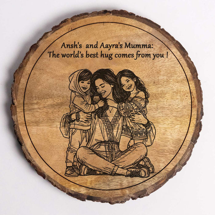 Personalized Hand Carved Engraved Mom And Children Hugging Wooden Decorative Plaque