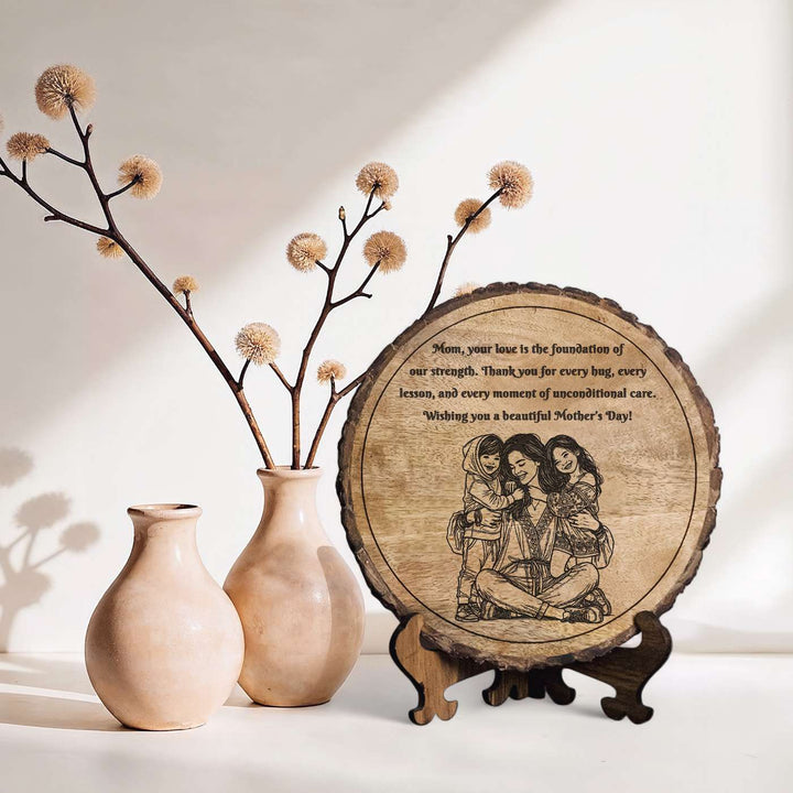 Personalized Hand Carved Engraved Mom And Children Hugging Wooden Decorative Plaque