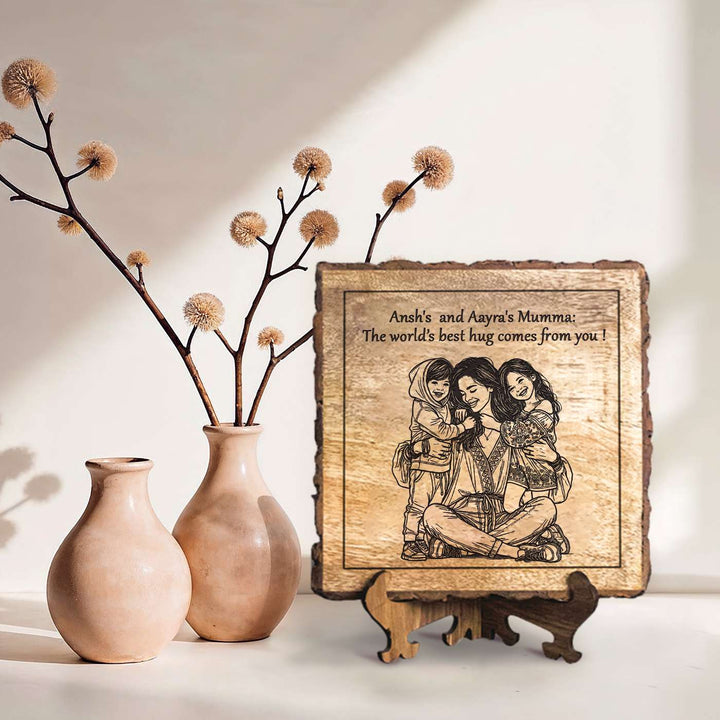 Personalized Hand Carved Engraved Mom And Children Hugging Wooden Decorative Plaque