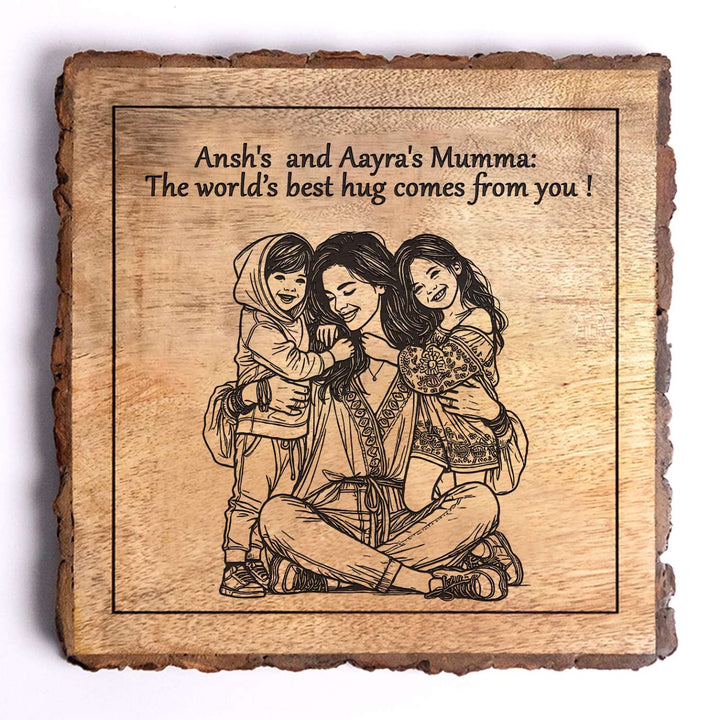 Personalized Hand Carved Engraved Mom And Children Hugging Wooden Decorative Plaque