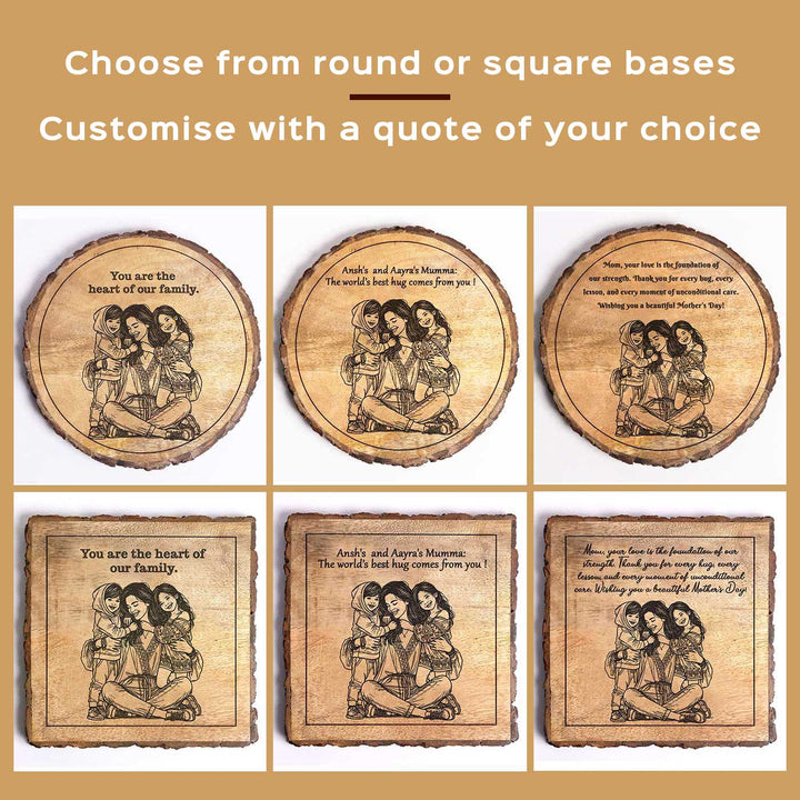Personalized Hand Carved Engraved Mom And Children Hugging Wooden Decorative Plaque