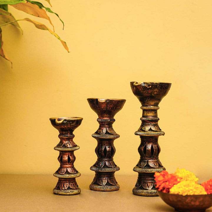 Handmade Antique Terracotta Pillar Candle Holder | Set of 3