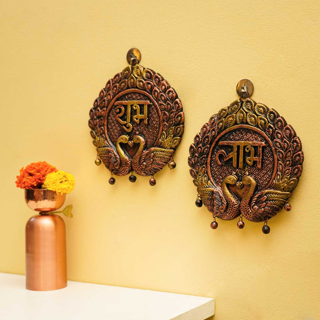 Handmade Dancing Peacock Subh Labh Terracotta Hanging | Set Of 2