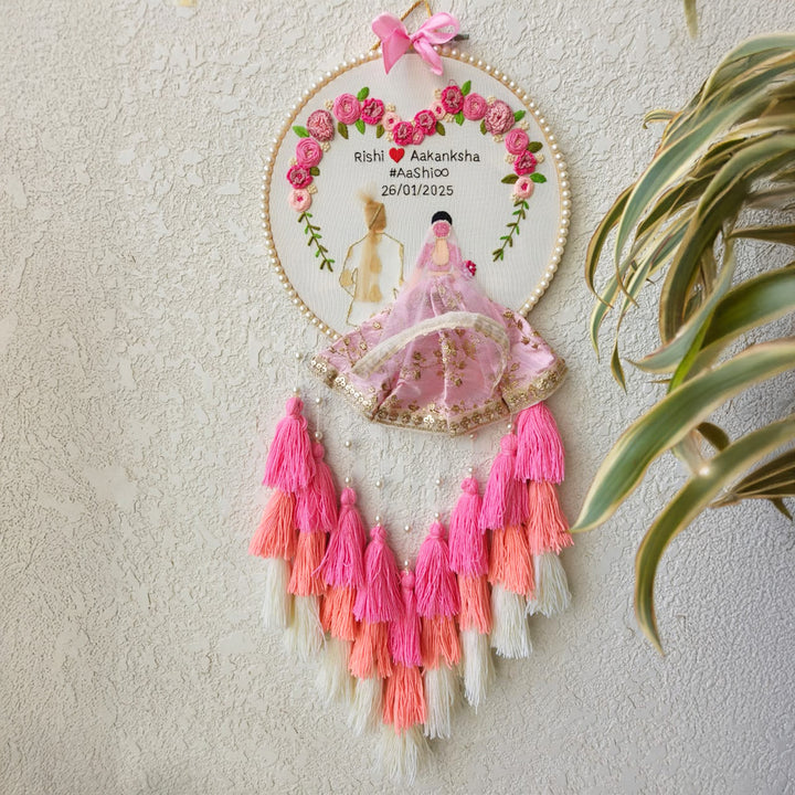 Personalized Embroidered Pink Floral Wedding Plaque With Tassels