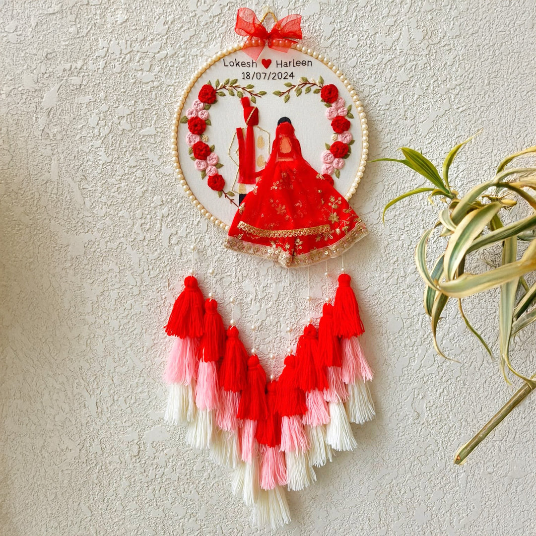 Personalized Embroidered Red & Pink Wedding Plaque With Tassels