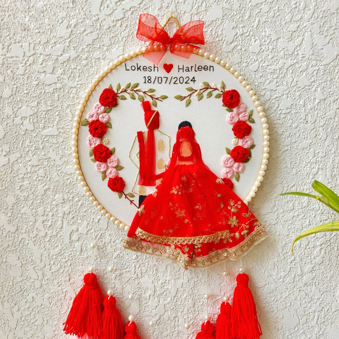Personalized Embroidered Red & Pink Wedding Plaque With Tassels
