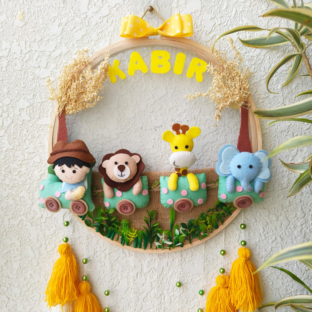 Personalized Jungle Train Theme Kids Name Plate With Tassels