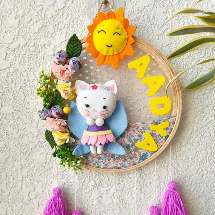 Personalized Cat Theme Kids Name Plate With Tassels