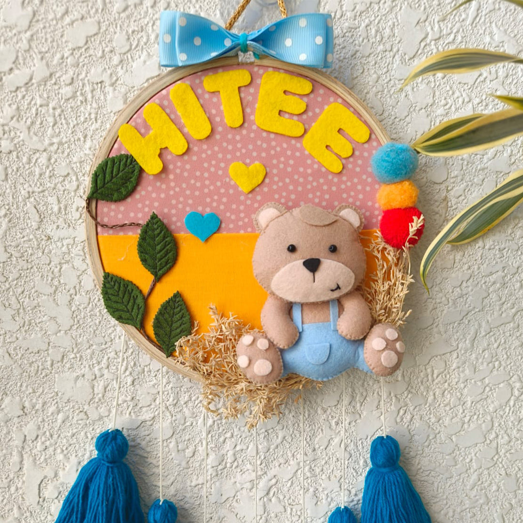 Personalized Blue Teddy Theme Kids Name Plate With Tassels