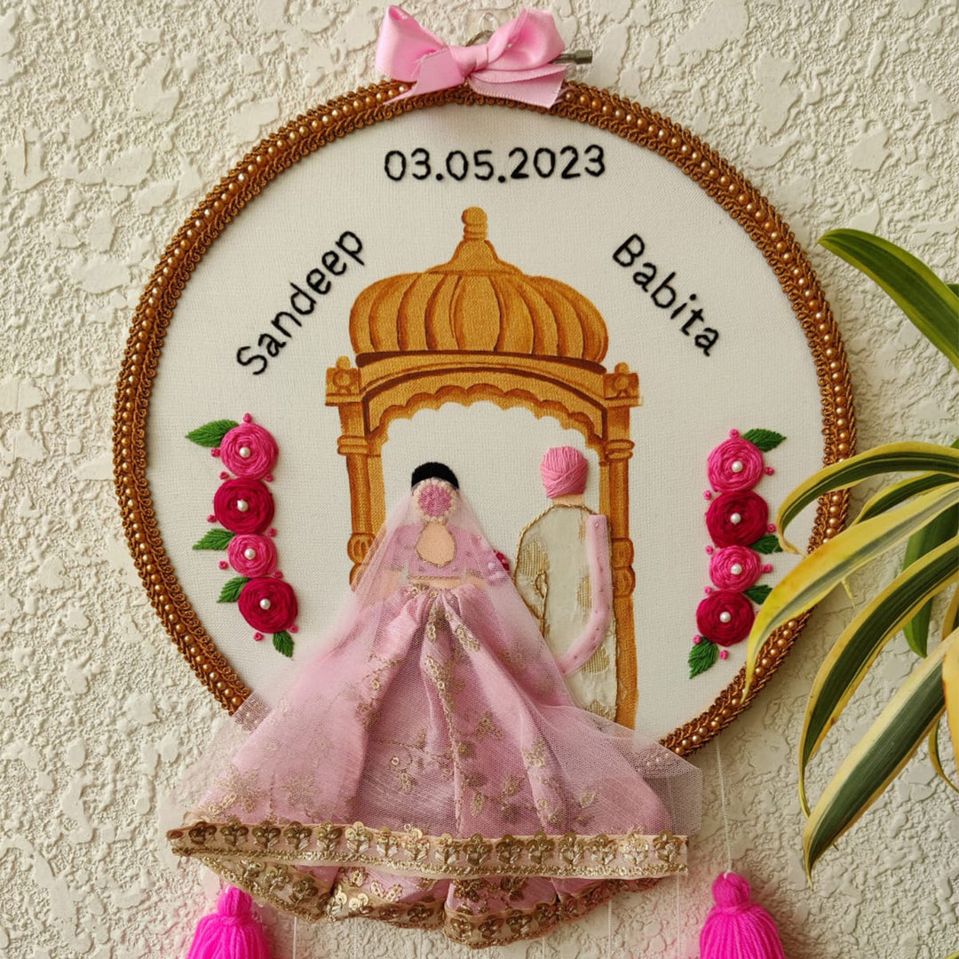 Personalized Embroidered Floral Pink Wedding Plaque With Tassels