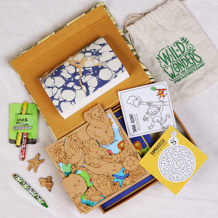Eco-Friendly Handmade Hamper | Includes 1 Puzzle, 1 Doodle Kit, 3 Crayons, 1 Notebook & 1 Gift Box