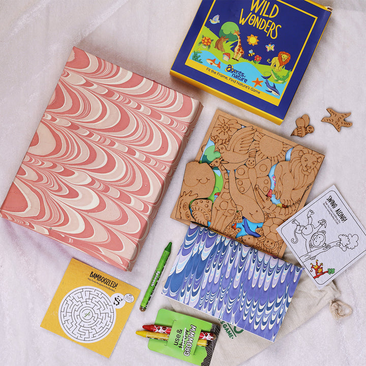 Eco-Friendly Handmade Hamper | Includes 1 Puzzle, 1 Doodle Kit, 3 Crayons, 1 Notebook & 1 Gift Box