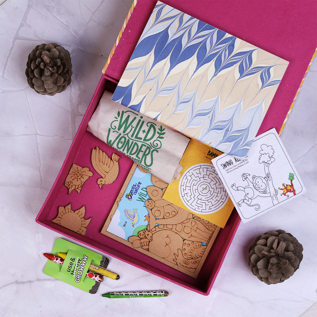 Eco-Friendly Handmade Hamper | 1 A5 Notebook, 1 Doodle Kit, 3 Crayons, 1 Puzzle & 1 Gift Box