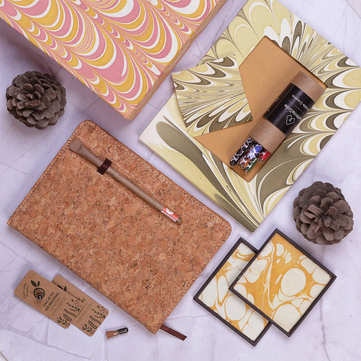 Eco-Friendly Handmade Hamper | 1 A5 Cork Hardcover Notebook, 1 Plantable Pen, 2 Seeds, 1 Crayon Set, 1 Photoframe, 1 Card, 2 Coasters & 1 Gift Box