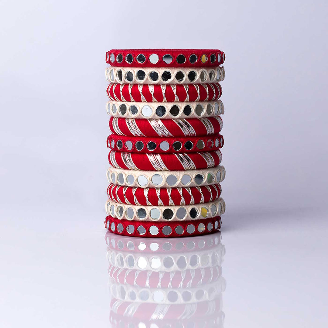 Red And White Handcrafted Aadhya Mirror Work Bangles | Set of 11