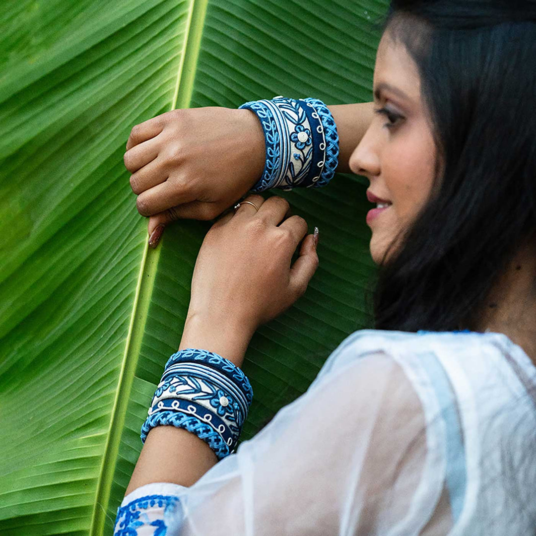 Blue And White Handcrafted Asoniya Embroidered Bangles | Set of 10