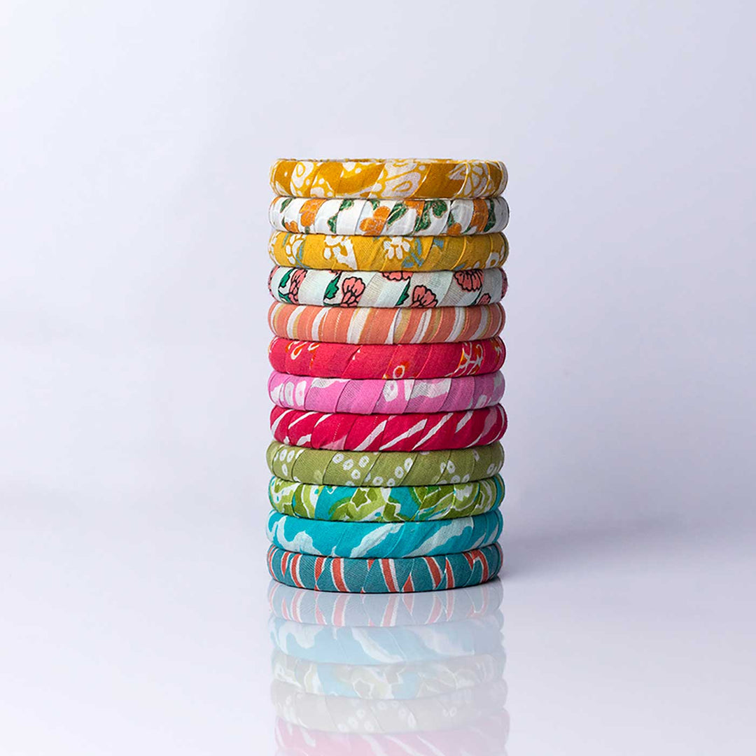 Multicolor Handcrafted Misa Printed Cotton Bangles | Set of 12