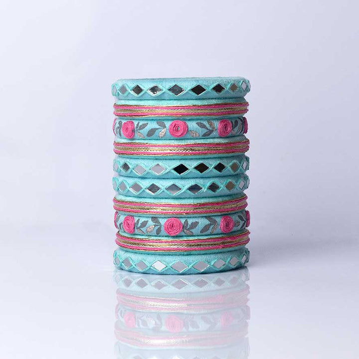 Pastel Blue And Pink Handcrafted Myra Embroidered Mirror Work Bangles | Set of 10
