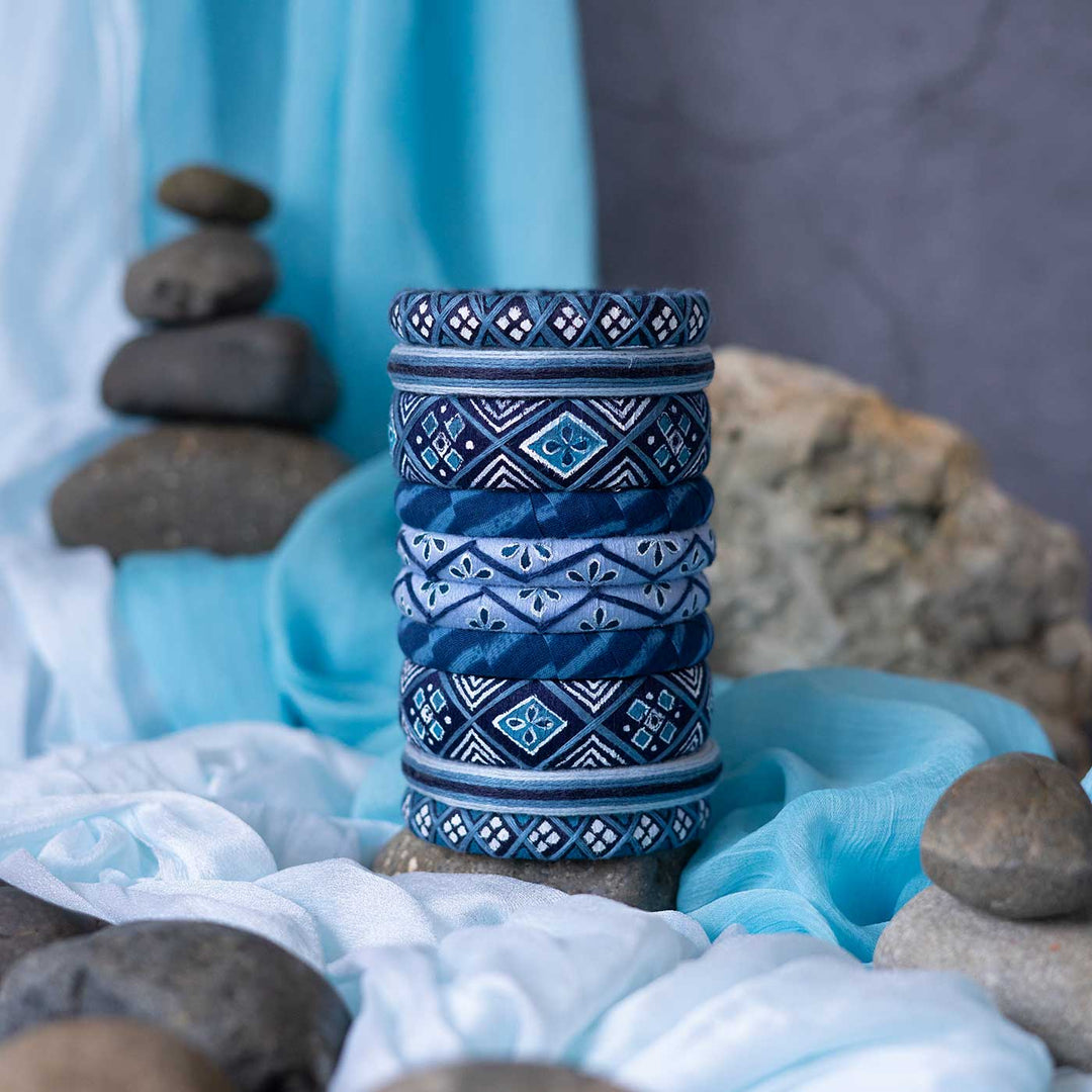 Blue Handpainted Narmada Thread Bangles | Set of 10