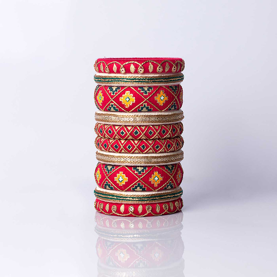 Red And White Handpainted Navratna Embroidered Bangles | Set of 10
