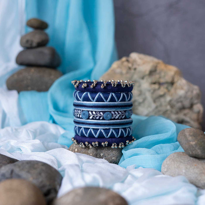 Blue Handcrafted Ravi Ghungroo Embroidered Bangles | Set of 7