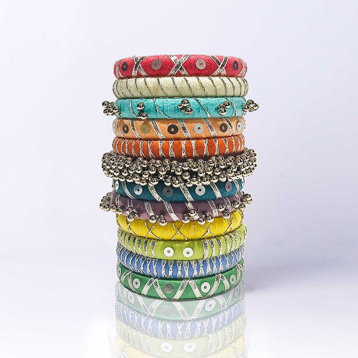 Multicolor Handcrafted Silver Ghugharu Gotapatti Bangles | Set of 12