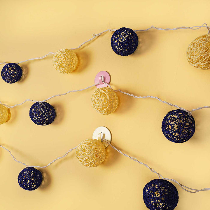Handcrafted Yarn Spherical Fairy Light Hangings - Cream & Blue