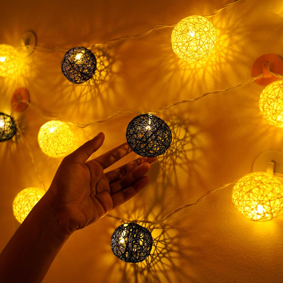 Handcrafted Yarn Spherical Fairy Light Hangings - Cream & Blue