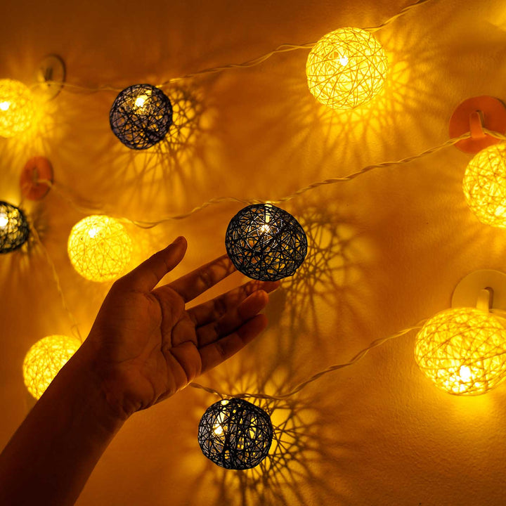 Handcrafted Yarn Spherical Fairy Light Hangings - Cream & Blue