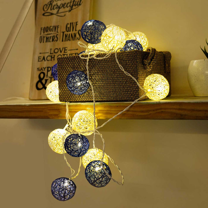 Handcrafted Yarn Spherical Fairy Light Hangings - Cream & Blue
