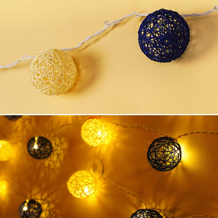 Handcrafted Yarn Spherical Fairy Light Hangings - Cream & Blue
