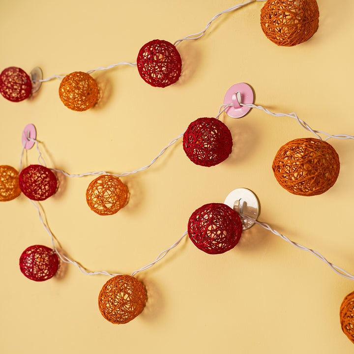 Handcrafted Yarn Spherical Fairy Light Hangings - Red & Ochre