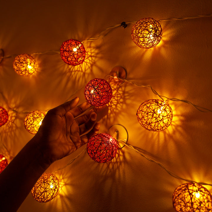 Handcrafted Yarn Spherical Fairy Light Hangings - Red & Ochre
