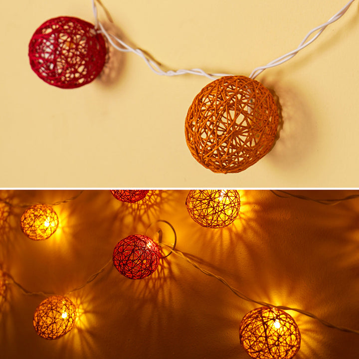 Handcrafted Yarn Spherical Fairy Light Hangings - Red & Ochre