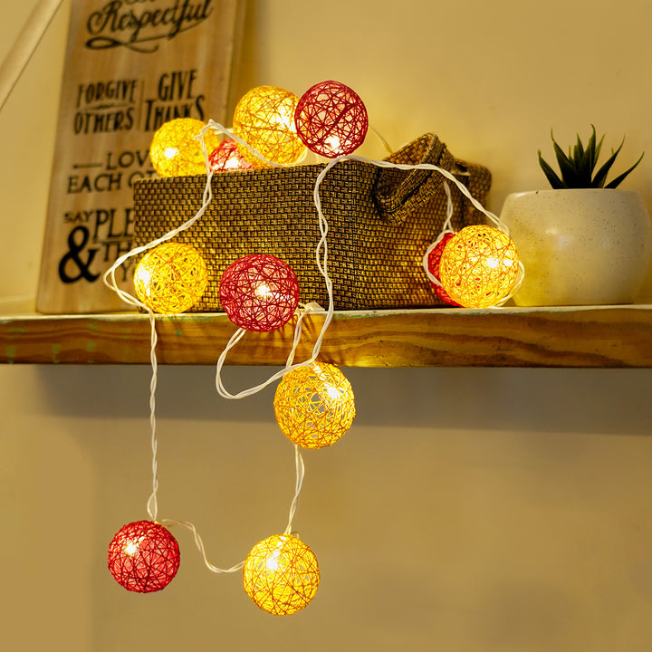 Handcrafted Yarn Spherical Fairy Light Hangings - Red & Ochre