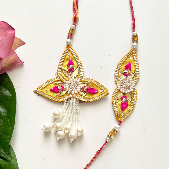 Handcrafted Gota Patti "Tara" Couple Rakhi & Lumba Set With Roli Chawal for Bhaiya Bhabhi