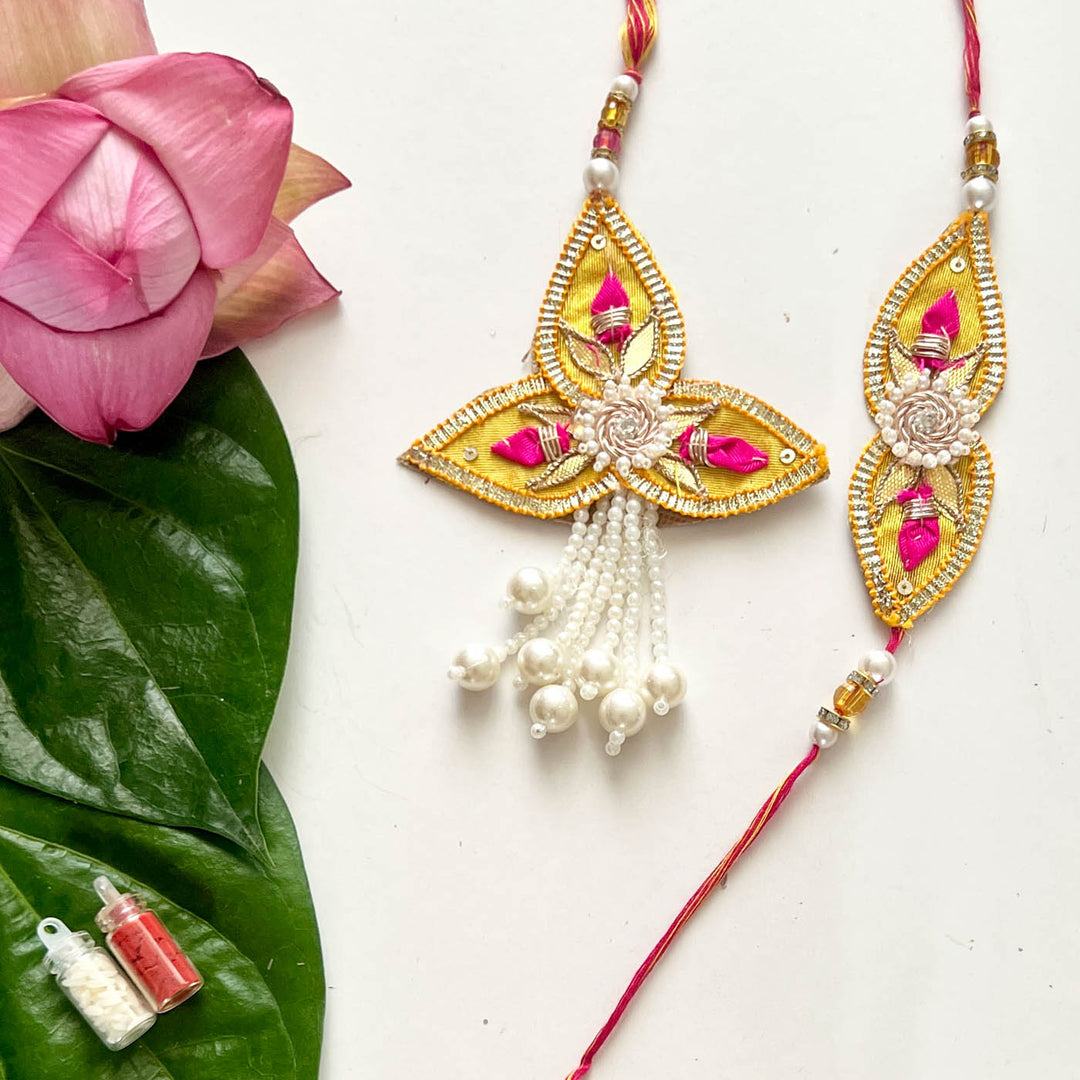 Handcrafted Gota Patti "Tara" Couple Rakhi & Lumba Set With Roli Chawal for Bhaiya Bhabhi