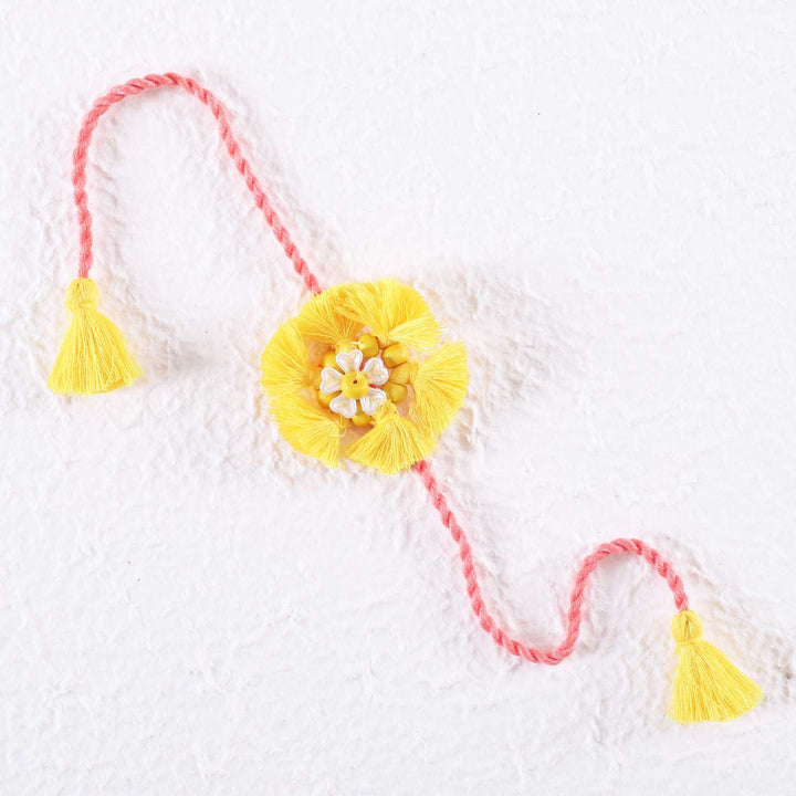 Handmade Beaded Yellow Tassel Flower Cotton Rakhi With Roli Chawal