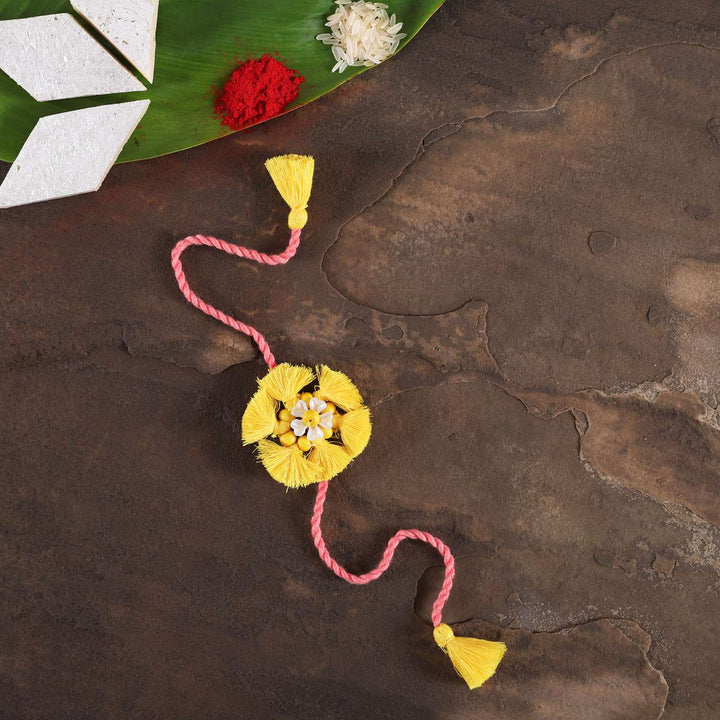 Handmade Beaded Yellow Tassel Flower Cotton Rakhi With Roli Chawal