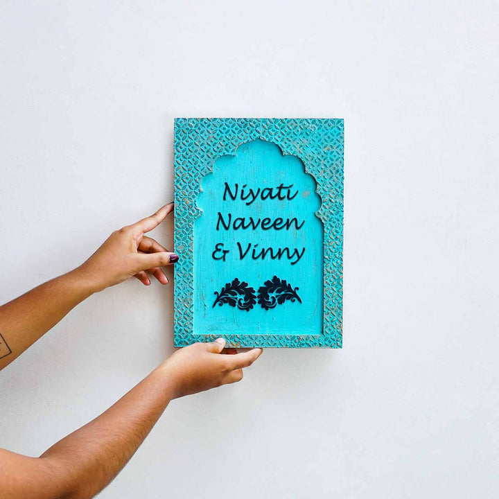Handcrafted Jharokha Personalized Pinewood Distressed Nameplate