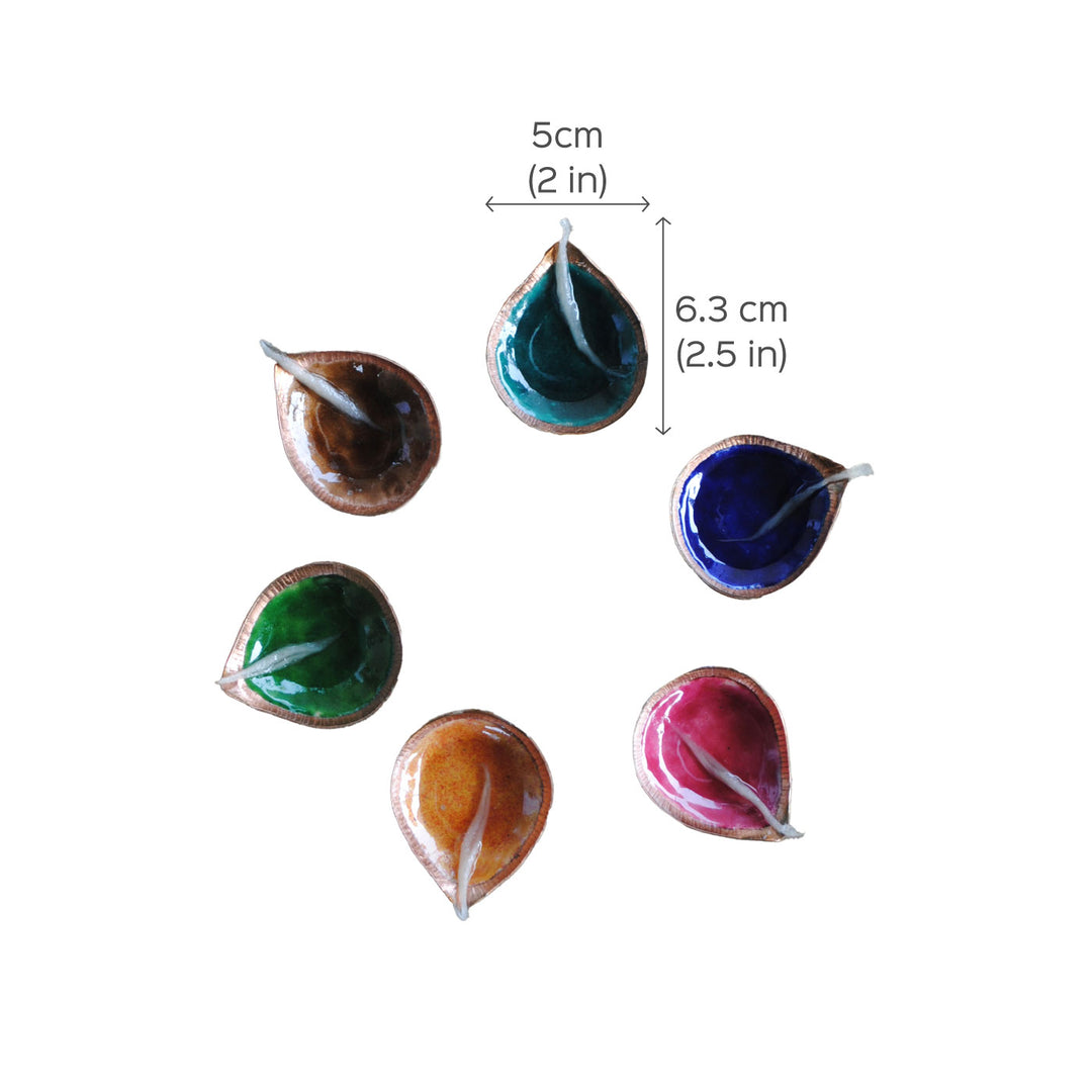 Copper Enamel Colorful Teardrop Diyas I Set of 6