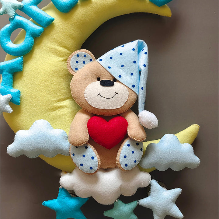 Hand-stitched Teddy Themed Felt Moon Nameplate with Birthdate For Kids